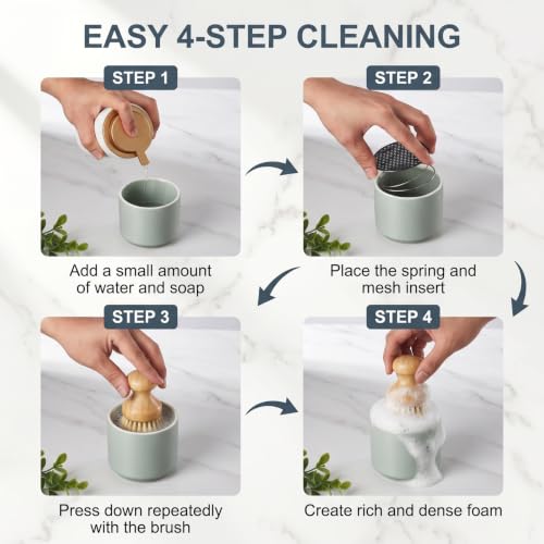 ONEMORE Bamboo Dish Brush with Ceramic Foaming Base, Kitchen Sink Scrub Brush Set with Spring and Mesh Insert, Wooden Handle Dishwashing Brush for Pots Pans Plates Bowls, Light Green - color: Light Green