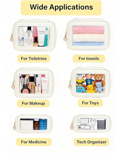3-Piece Travel Clear Makeup Bag Set, Small Large Clear Cosemetic Bag with Makeup Brush Bag Waterproof Makeup Pouch with Zipper Toiletry Bags For Traveling Car Accessories for Women (White Set) - color: White Set