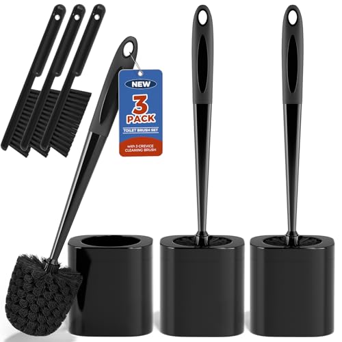 Toilet Brush, 3 Pack Toilet Brush and Holder Set Bathroom Accessories, Toilet Bowl Brush and Holder with 3 Crevice Brush for Bathroom, Toilet Scrubber Brush (Black) - color: Black