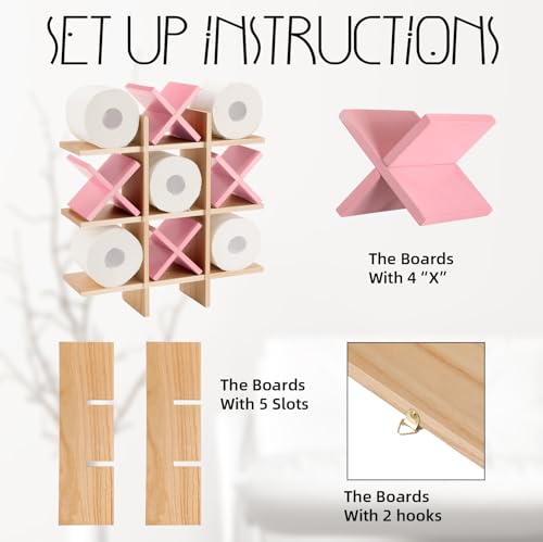 Weysat Tic Tac Toe Toilet Paper Holder Stand Bathroom Wall Decor Rustic Wooden Hanging Storage Freestanding Wall Mounted Shelves Decor for Toilet Tissue Farmhouse(Wood Color, Pink) - color: Wood Color, Pink