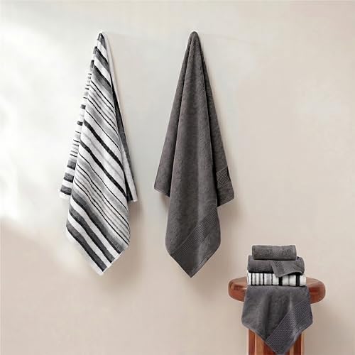 Modern Threads Pax 6-Piece Reversible Yarn Dyed Jacquard Towel Set - Bath Towels, Hand Towels, & Washcloths - Super Absorbent & Quick Dry - 100% Combed Cotton, Coal - color: Grey, style: Wide Stripe
