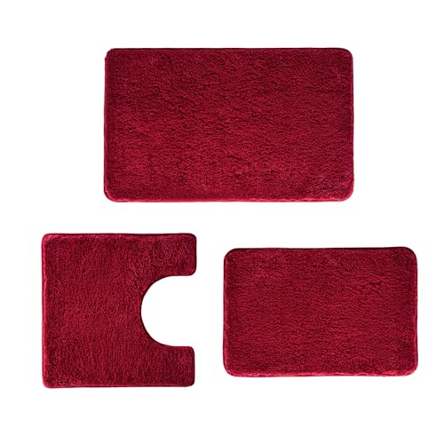 3 Pieces Luxury Bathroom Rug Set with U-Shaped Toilet Rug, Non-Slip Rubber Bottom, Thick Microfiber Fluffy Plush, Water Absorption, Quick Dry, Ultra Soft, Bath Mats for Bathroom, Tub(Dark Red) - color: Dark Red