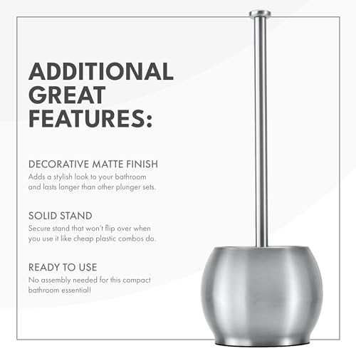ToiletTree Products Stainless Steel Plunger - Heavy Duty Toilet Bowl Plunger with Holder for Bathroom Essentials and House Cleaning Tools - Stainless Steel, 6.5” x 6.5” x 18.5”