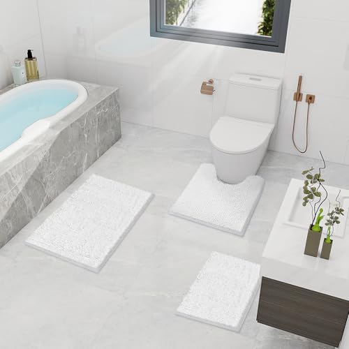 TREETONE Bathroom Rugs Sets, Thick Soft Absorbent 3 Piece Chenille Bath Rugs, Non-Slip, Dry Quickly, Machine Washable, Shaggy Mats with U-Shaped Toilet Rug for Bathroom Floor, Tub and Shower, White - color: White, size: 16"x24"+20"x32"+U Shape 20"x20"