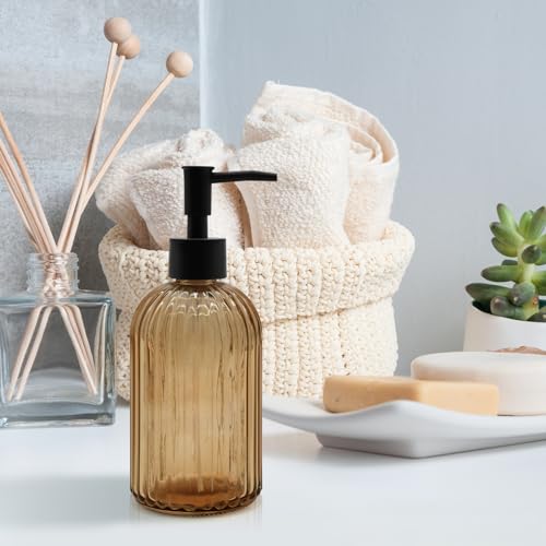 2 Pack 14oz Amber Glass Soap Dispenser with Black Pump – Refillable for Hand Soap, Dish Soap, Lotion, Suited for Kitchen, Bathroom & Laundry Room (Brown) - color: Brown