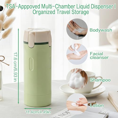 4 in 1 Travel Dispenser Bottle Set, Leakproof TSA Travel Size Containers for Toiletries, Portable Refillable Bottles, Hard Shell Rotating Design with Scale and Labels - color: Green