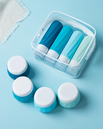 Mrsdry Travel Size Toiletries 8 Pack, TSA Approved 3oz Silicone Squeeze Bottles & Cream Jars with Clear Travel Bag - color: Blue, size: 3oz bottle 3oz jar