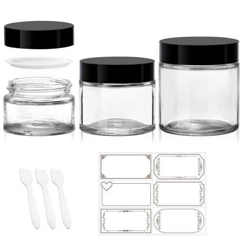 3 Pack Clear Glass Jars with lids, 4 oz, 2oz and 1 oz, Reusable Sample Jars | Small Cosmetic Containers with Inner Liners, Leak-Proof Travel Jars for Lotions, Scrubs, and Candle Making, Labels & Spatulas - color: Clear-1-3oz-3pcs