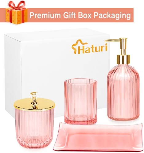 Haturi Bathroom Accessories Set, 4 Pcs Pink Glass Bathroom Accessories Sets Complete w/Lotion Soap Dispenser, Toothbrush Holder, Apothecary Jar, Vanity Tray, Bathroom Decor, Gift for Home Apartment - style: Pink
