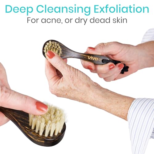 Vive Dry Brush Set for Lymphatic Drainage (3 Pack) - Brushing Scrubber for Exfoliating, Body Cellulite and Skin Massage - 100% Natural Boar Hair Bristles, 19” Long Dark Wooden Handle w/Storage Bag