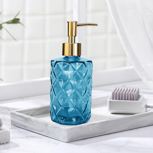Blue Glass Soap Dispenser, Bathroom Shower & Shampoo Dispenser, Foam Hand Soap Dispenser with Gold Pump,11Oz/330ml Refillable Kitchen Dish Soap Bottle for Home Hotel - color: Blue&gold
