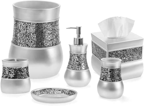 Creative Scents Crackled Glass 6 Pc. Silver Resin Bathroom Accessories Set | Includes Trash can, Tissue Box Cover, Soap Dispenser, Toothbrush Holder, Tumbler Cup & Soap Dish - style: 6 Pc Set 01