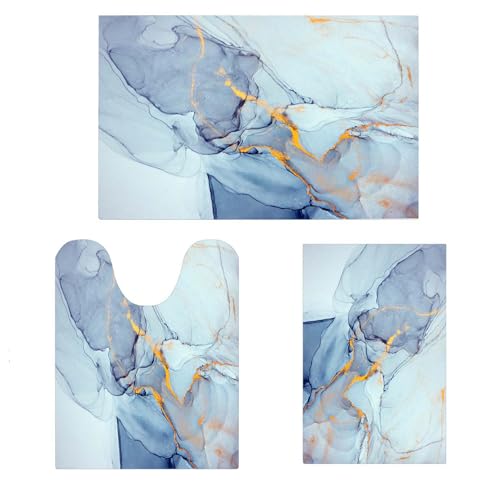 EMMTEEY Blue Marble Bath Rug for Bathroom Non Slip Bathroom Rugs Sets 3 Piece Toilet Rug with U Shaped Bath Mat Water Absorbent Low Pile Bath Mat Quick Drying Mat Shower Rugs for Bathroo - color: Blue