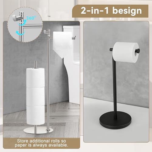 BGL Toilet Paper Holder Stand, SUS304 Stainless Steel Brushed Nickel, Weighted Base, Holds 5 Jumbo Rolls, Space-Saving Modern Bathroom Storage with Built-in Hook - color: Stainless Steel