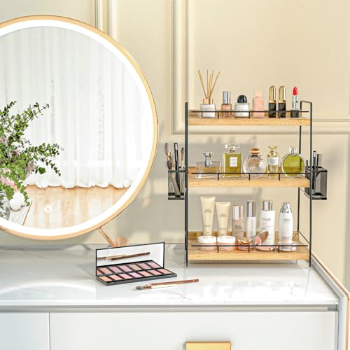 3 Tier Bathroom Counter Organizer with Side Baskets, Wood Countertop Vanity Shelf,Sturdy Metal Frame fits Tall Bottles - color: Brown