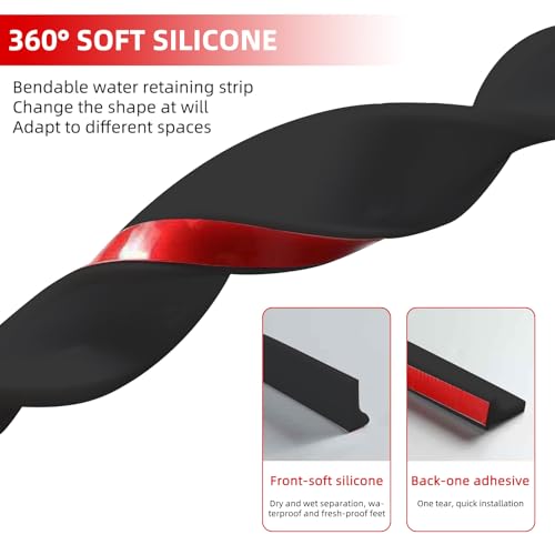 Flexible Shower Threshold Water Dam, Self Adhesive Silicone Water Barrier, Bathroom and Kitchen Water Strip, Shower Splash Guard for Dry and Wet Separation, 98inch, Black - color: Black, style: 98Inch