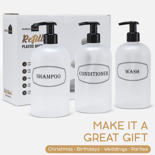 16 oz Plastic Shampoo Conditioner Wash Dispensers (Frosted) | pump bottles, lotion pumps, high-viscosity, clear matte finish, shower containers - color: Clear/White/Black
