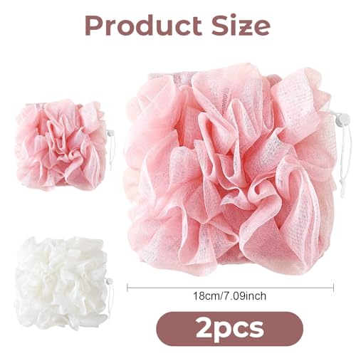2 in 1 Loofah Sponges 2-Pack Dual-Sided Exfoliating Bath Sponges for Shower & Loofah Washcloth for Bar Soap Premium Body Scrubber with Drawstring for Gentle Skin Smoothing - Pink＆Beige - style: Pink＆Beige