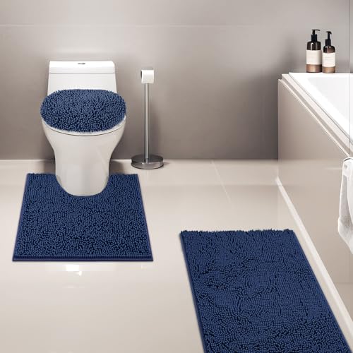 Bathroom Rugs Sets 3 Piece with Adjustable Toilet Seat Cover 19.5"x 18.5" Machine Washable Bath Rug Set with TPR Non Slip Rubber Backing Solid Bath Mat Set for Luxury Bathroom Decoration - color: Blue