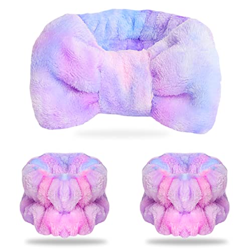 WSYUB Spa Headband and Matching Wrist Bands for Washing Face, Fuzzy Skincare Bow Headbands, Soft Facial Makeup Head Bands, Shower Hair Sleepover Party Supplies,Easter Basket Stuffers - color: Gradient Purple