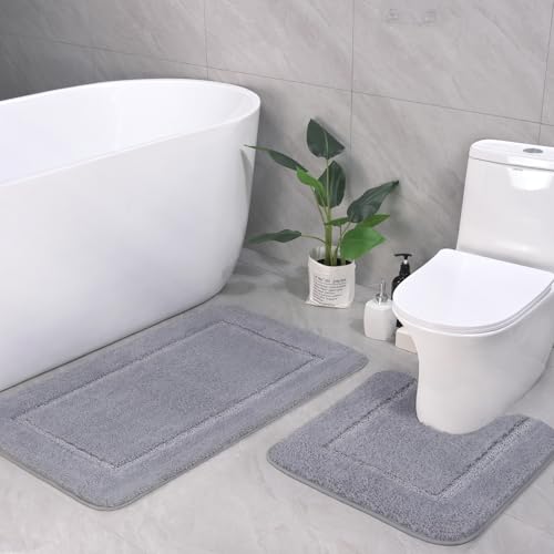 LOCHAS Bathroom Rug Set Light Grey, Soft Bath Rug Set 2 Piece, Toilet Mat U-Shaped 20x20 and 34x20 Bath Rugs, Quickly Dry Mats for Bathroom, Tub, Washable, Super Absorbent Floor Mat - color: Light Grey, size: 34" x 20" Plus 20" x 20" (U-Shape)