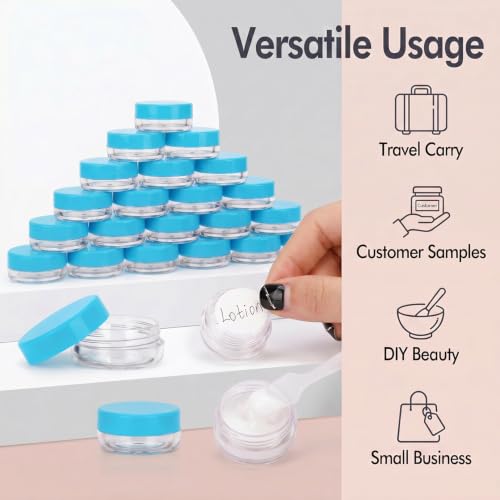 3 Gram Sample Jars with Lids, 25 Count Mini Cosmetic Containers - Makeup Travel Containers with Labels, Tiny Disposable Spatulas - color: Blue