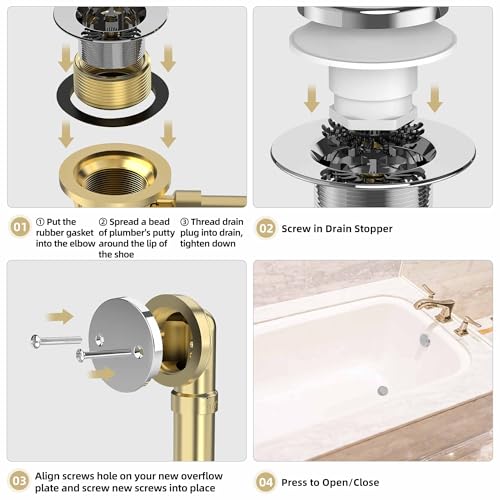 Chrome Plated Tub Drain Kit with Hair Catcher, Premium Brass Tip-Toe Bathroom Tub Drain Replacement and 2-Hole Overflow Faceplate, 11.5/16 UNC Bathtub Drain Stopper Assembly - color: Chrome Plated