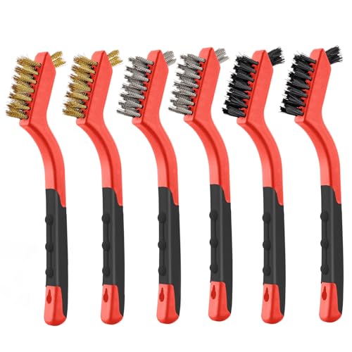 MAXMAN Wire Brush Set 6Pcs, Small Wire Brushes for Cleaning, Rust Remover, Scrub Brush, Detailing Brush, Metal Brush, Stainless Steel/ Brass/ Nylon Bristles Bristle Brush, Scratch Brush, (Red) - style: 6 PCS Brass/Stainless Steel/Nylon Bristles Red