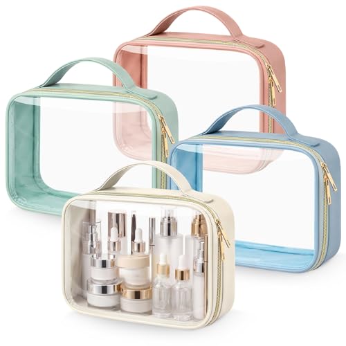 Abbylike 4 Pcs Clear Makeup Bags with Handles Tsa Approved Toiletry Bag with Zipper PU Leather Quart Size Clear Cosmetic Pouch for Travel Women Men Airport Compliant Bags(Morandi Color Palette) - color: Morandi Color Palette
