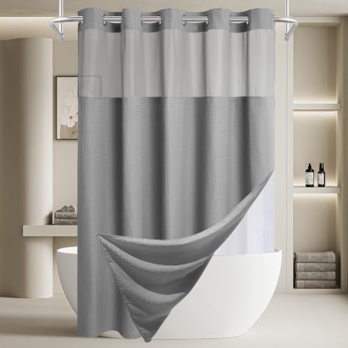 EUTXL Heavyweight Extra Long No Hook Shower Curtain with Snap in Liner,256GSM Waffle Weave Shower Curtains for Bathroom,71W x 98H,Grey - color: Grey, size: 71"W x 98"L (Pack of 1)