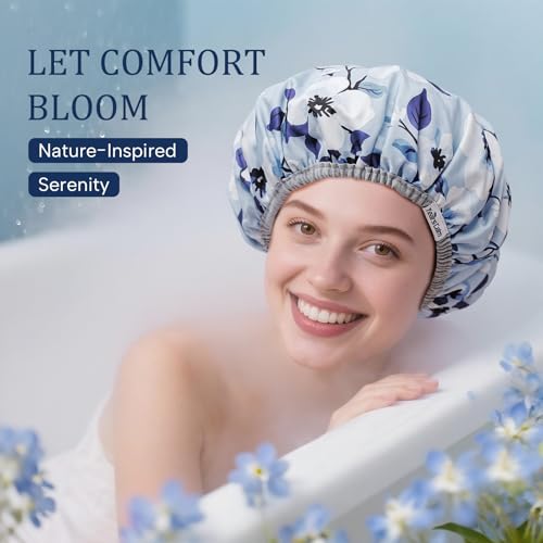 Years calm Shower Caps for Women Reusable Waterproof – Double Layer Elastic Cap with Tropical Botanical Print Shower Cap for Shower, Spa, Travel, Bath & Daily Hair Protection - color: Blue