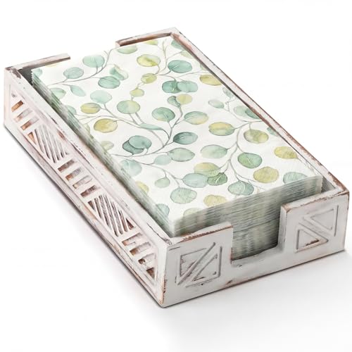 Wood Napkin Holder for Bathroom Paper Towel Holder Tray for Guest Farmhouse Rustic Wooden Tray Disposable Hand Towels Basket Modern Tabletop Decor for Cocktail Kitchen Coffee Bar(White) - color: White