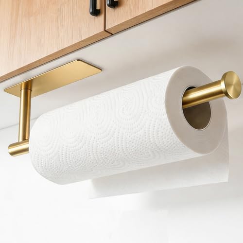 theaoo Paper Towel Holder - Under Cabinet Paper Towel Holder for Kitchen, Adhesive Paper Towel Roll Rack for Bathroom Towel, Wall Mounted Paper Towel Rack, SUS304 Stainless Steel(1, Gold) - color: Gold