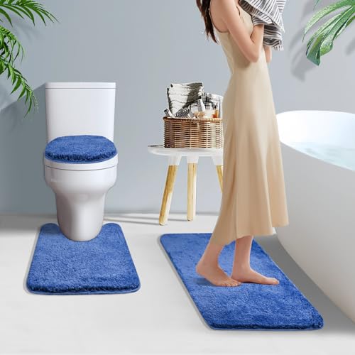 Bathroom Rugs Sets 3 Piece with Adjustable Toilet Seat Cover 17.5"x 15" Machine Washable Bath Rug Set with TPR Non Slip Rubber Backing Solid Bath Mat Set for Luxury Bathroom Decoration - color: Blue