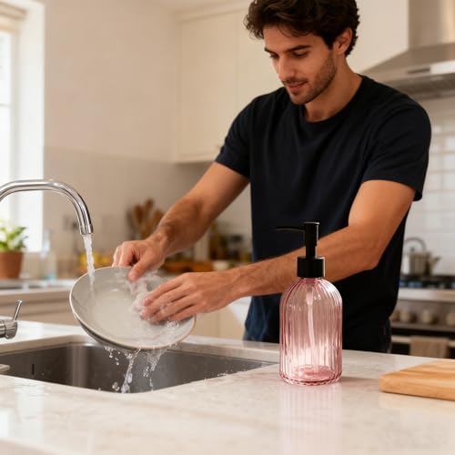 Black Pump Glass Soap Dispenser, 13.5oz Stripe Countertop Refillable Liquid Bottle Hand Dish Lotion Dispenser with Plastic Pump, for Kitchen, Bathroom Countertop - color: Rose Red