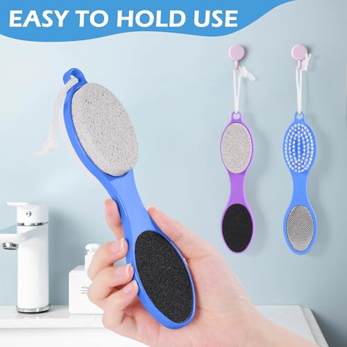 2 Pcs 4 in 1 Foot Brush for Use in Shower with Pumice Stone, Foot Rasp and Sandpaper, Foot Scrubber Brush for Feet, Dead Skin Remover for Foot Care (2 Colors) - style: 2 Purple Gray Blue Foot Brush