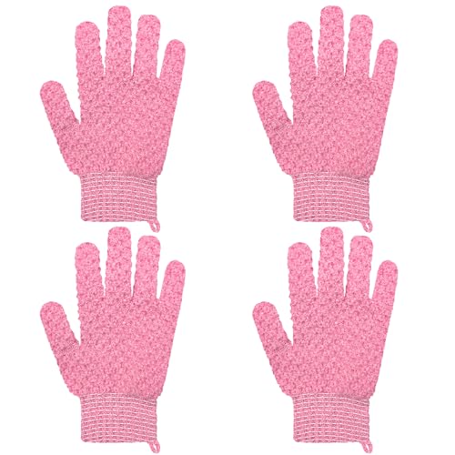 Exfoliating Bath Gloves 2 Pairs - Heavy Texture Body Scrub Gloves for Shower, Spa, Massage and Body Scrubs, Dead Skin Remover, Washing Gloves with Hanging Loop(Light Pink) - color: Pink2