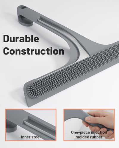2-in-1 Silicone Shower Squeegee with Hook,Dual-Sided Design with Scraper & Scrub Surface,Rust-Proof Stainless Core,Streak-Free Bathroom Squeegee for Glass Doors,Mirrors,Windows,Car Windshields (Gray) - color: Gray