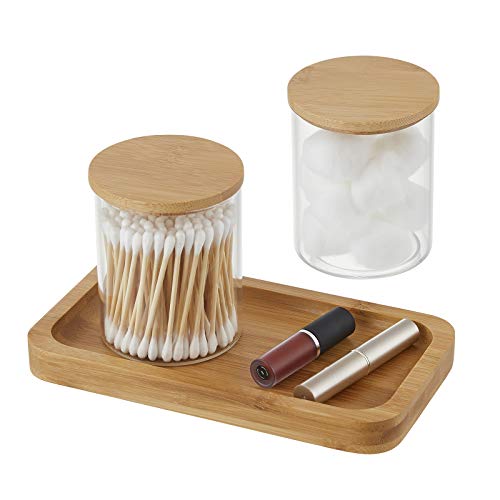 INIUNIK Qtip Holder with Bamboo Vanity Tray, Glass Apothecary Jars with Lids, Cotton Ball Swab Pad Rounds Holder Bathroom Canister Jars for Bathroom Restroom Decorations and Organizer - size: 2 Pack with Tray