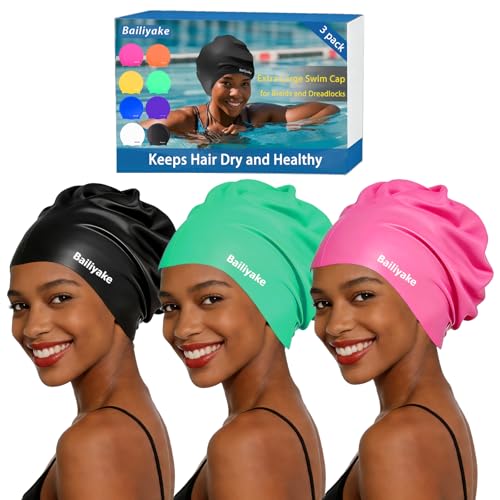 3 Pack Extra Large Swim Cap for Braids & Dreadlocks - Waterproof Silicone Swim Hat for Women with Long Thick Hair, Protective Swim Cap Cover Ears for Swimming, Shower, Bathing - color: Black+Pink+Green