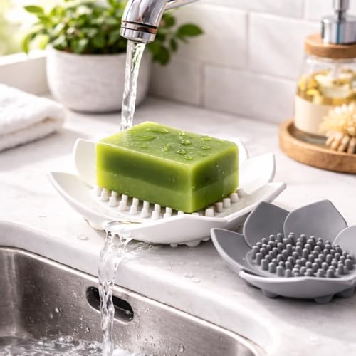 Silicone Soap Dish with Drainage, Flower Shape Soap Holder for Shower & Sink, Non-Slip Soap Saver Tray for Bathroom & Kitchen, Quick Dry Design, 2 Pack
