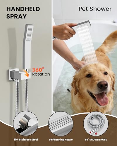 gotonovo Shower System with Tub Spout,Waterfall Tub Shower Faucet Set for Bathroom Head and Handle Set Wall Mounted 3 Function Rough-in Valve and Trim Included 10 inch Shower Head Polished Chrome - color: Polished Chrome, size: 10 inch Shower Head
