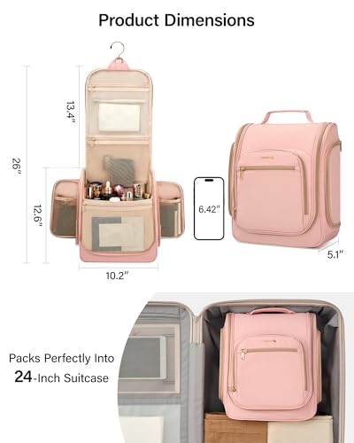 Hanke Hanging Travel Toiletry Bag for Men and Women, Water-Resistant Toiletries Bag Makeup Organizer with Hook, Cosmetic Bag for Bathroom & Travel Essentials Accessories, Pink - color: Pink