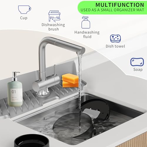 17” x 5.5” Silicone Faucet Handle Drip Catcher Tray Mat, Silicone Faucet Mat Dish Soap Sponge Holder for Kitchen Sink, Drying Mat for Kitchen Counter Bathroom Kitchen Sink Splash Guard - Grey - size: 17” Grey
