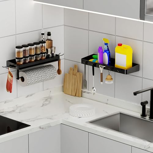 YIGII Heavy Duty Garage Paper Towel Holder with 2 Storage Shelves, Wall Mount Paper Towel Rack with Phone Holder & Hooks, Shop and Tool Room Organizer for Storage - color: Black-2