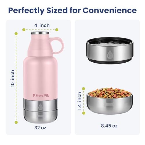 PawsPik 3-in-1 Travel Dog Water Bottle & Bowl Set, 32oz, Pink | Stainless Steel Vacuum-Insulated Bottle with Detachable Food & Water Bowls, Leak-Proof, Keeps Water Cold 12hrs/Hot 6hrs - color: Cherry Blossom Pink