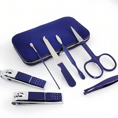 QURIPE 7pcs Manicure Set, Nail Clippers Kit, Stainless Steel Manicure Kit, Nail Clipping Tools Portable Travel Grooming Kit, The Best Gift with Luxurious Case (Blue) - color: Blue