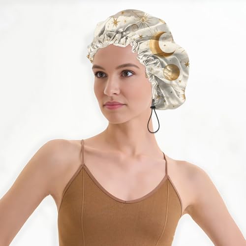 Luxury Shower Cap Satin Lined Reusable Waterproof Double Layer Elastic Adjustable Hair Bath Cap Cute Aesthetic Women Girls-Sun - color: F10-Sun