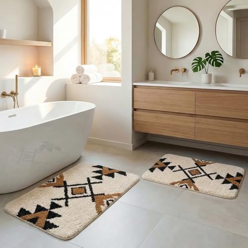 Arttown White Boho Aztec Vintage Bathroom Rug Set 2 Piece Fluffy Microfiber Bathroom Mat Non-Slip Water Absorbent Bath Rug Soft Washable Floor Rug for Tub Showers Laundry Room Decor (16"x24"+20"x32") - color: White Brown