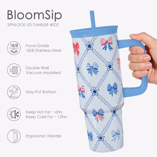 SANDJEST American Flag Stainless Steel Locking Lid Silicone Straw Tumbler with Handle 40oz, Insulated Stainless Steel Travel Cup for Women Girls Friends, Gift Idea for Birthday July 4th (Bow) - color: American Flag 1